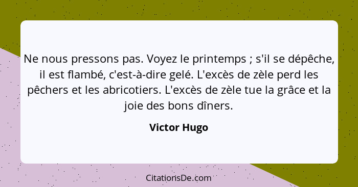 Ne nous pressons pas. Voyez le printemps ; s'il se dépêche, il est flambé, c'est-à-dire gelé. L'excès de zèle perd les pêchers et l... - Victor Hugo