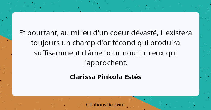 Et pourtant, au milieu d'un coeur dévasté, il existera toujours un champ d'or fécond qui produira suffisamment d'âme pour nou... - Clarissa Pinkola Estés