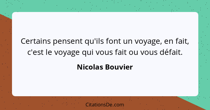 Certains pensent qu'ils font un voyage, en fait, c'est le voyage qui vous fait ou vous défait.... - Nicolas Bouvier