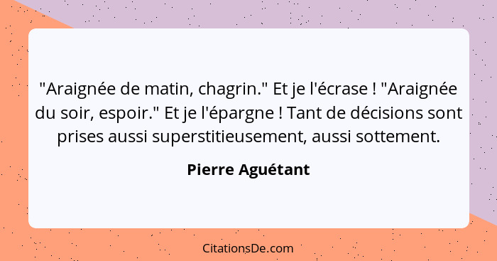 "Araignée de matin, chagrin." Et je l'écrase ! "Araignée du soir, espoir." Et je l'épargne ! Tant de décisions sont prises... - Pierre Aguétant