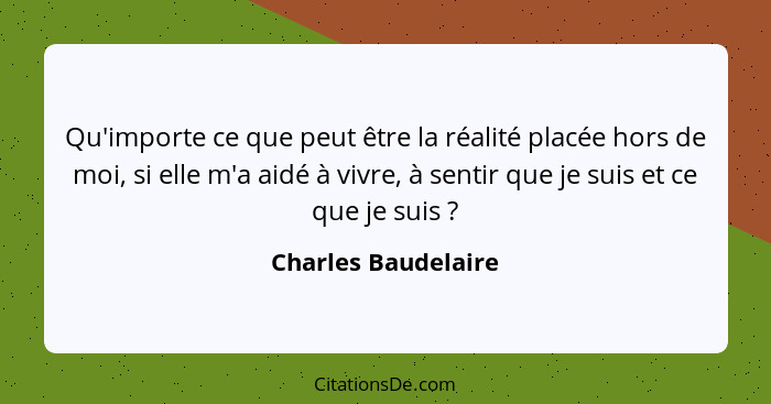 Qu'importe ce que peut être la réalité placée hors de moi, si elle m'a aidé à vivre, à sentir que je suis et ce que je suis ... - Charles Baudelaire