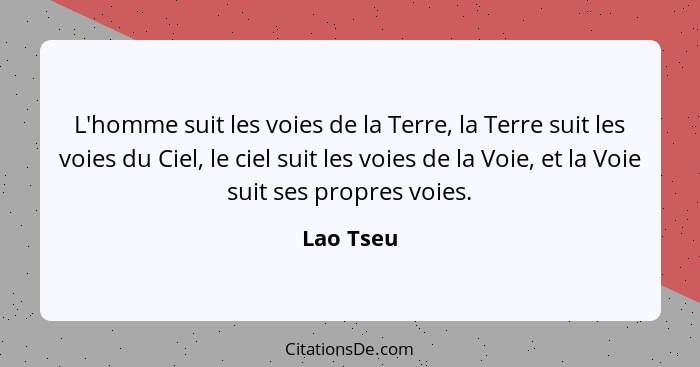 L'homme suit les voies de la Terre, la Terre suit les voies du Ciel, le ciel suit les voies de la Voie, et la Voie suit ses propres voies.... - Lao Tseu