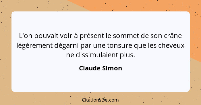 L'on pouvait voir à présent le sommet de son crâne légèrement dégarni par une tonsure que les cheveux ne dissimulaient plus.... - Claude Simon