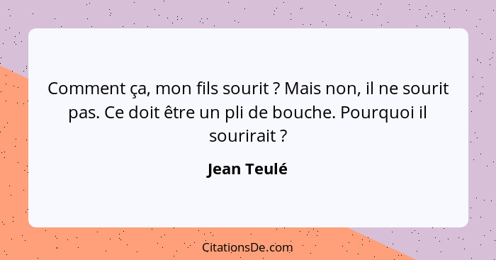 Comment ça, mon fils sourit ? Mais non, il ne sourit pas. Ce doit être un pli de bouche. Pourquoi il sourirait ?... - Jean Teulé