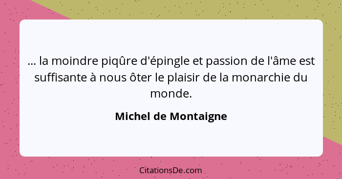 ... la moindre piqûre d'épingle et passion de l'âme est suffisante à nous ôter le plaisir de la monarchie du monde.... - Michel de Montaigne