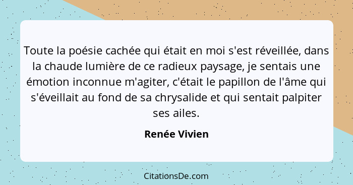 Toute la poésie cachée qui était en moi s'est réveillée, dans la chaude lumière de ce radieux paysage, je sentais une émotion inconnue... - Renée Vivien