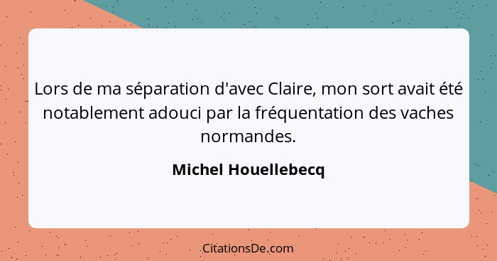 Lors de ma séparation d'avec Claire, mon sort avait été notablement adouci par la fréquentation des vaches normandes.... - Michel Houellebecq