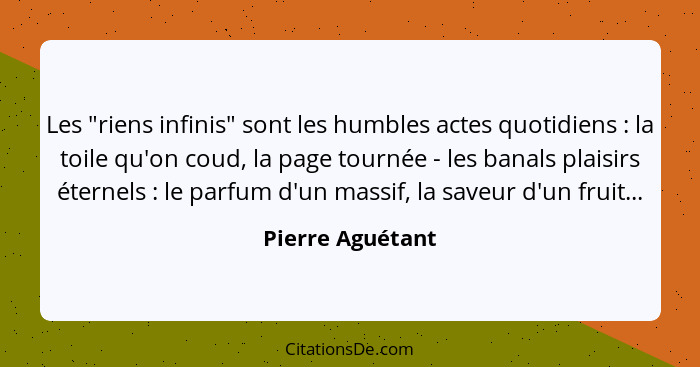 Les "riens infinis" sont les humbles actes quotidiens : la toile qu'on coud, la page tournée - les banals plaisirs éternels&nbs... - Pierre Aguétant