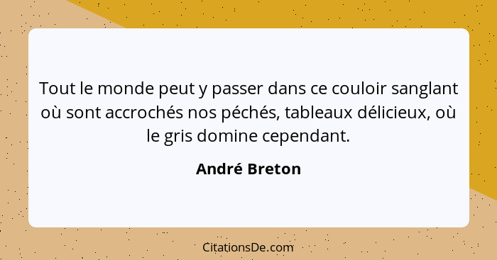 Tout le monde peut y passer dans ce couloir sanglant où sont accrochés nos péchés, tableaux délicieux, où le gris domine cependant.... - André Breton