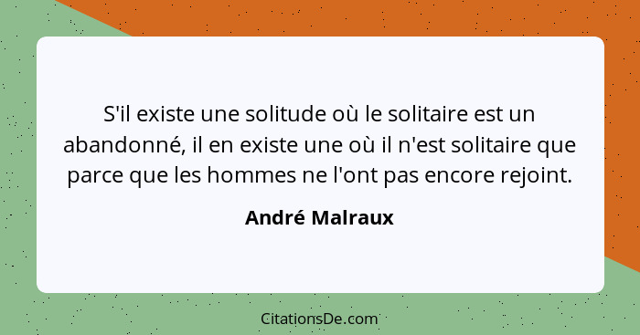 S'il existe une solitude où le solitaire est un abandonné, il en existe une où il n'est solitaire que parce que les hommes ne l'ont pa... - André Malraux