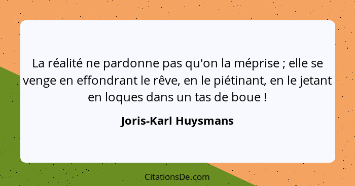 La réalité ne pardonne pas qu'on la méprise ; elle se venge en effondrant le rêve, en le piétinant, en le jetant en loques... - Joris-Karl Huysmans