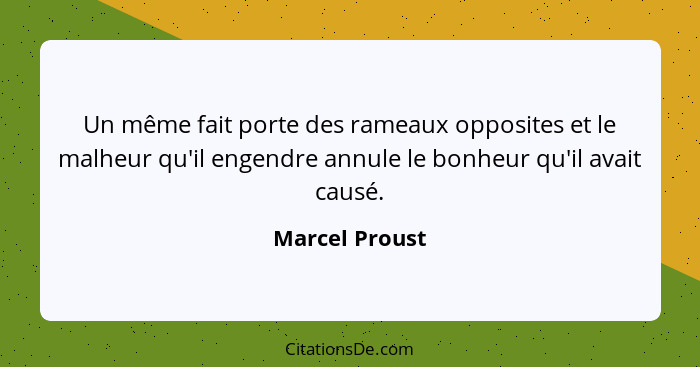 Un même fait porte des rameaux opposites et le malheur qu'il engendre annule le bonheur qu'il avait causé.... - Marcel Proust