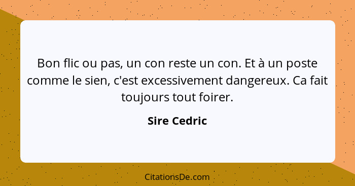 Bon flic ou pas, un con reste un con. Et à un poste comme le sien, c'est excessivement dangereux. Ca fait toujours tout foirer.... - Sire Cedric