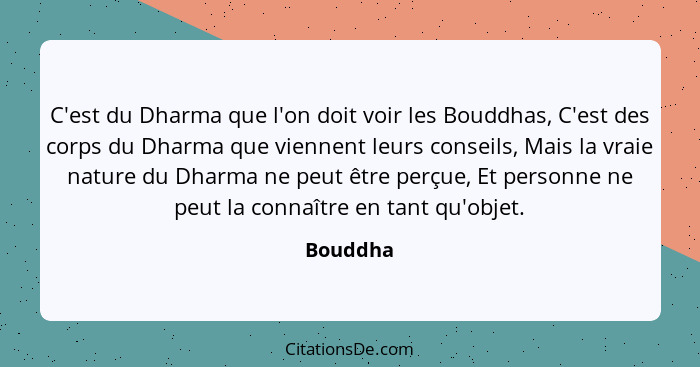 C'est du Dharma que l'on doit voir les Bouddhas, C'est des corps du Dharma que viennent leurs conseils, Mais la vraie nature du Dharma ne pe... - Bouddha