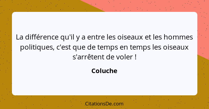 La différence qu'il y a entre les oiseaux et les hommes politiques, c'est que de temps en temps les oiseaux s'arrêtent de voler !... - Coluche