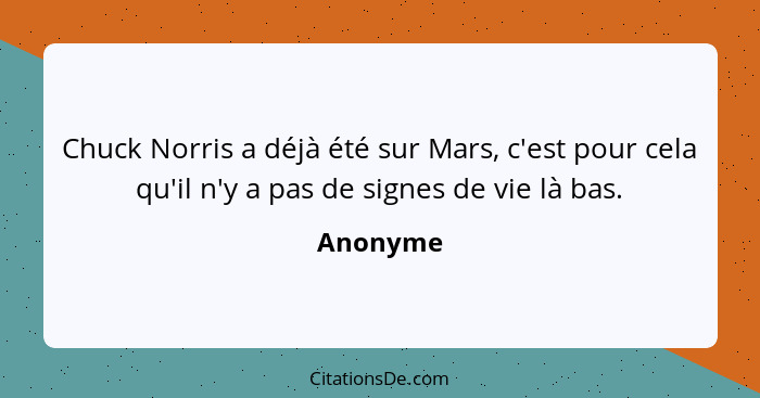Chuck Norris a déjà été sur Mars, c'est pour cela qu'il n'y a pas de signes de vie là bas.... - Anonyme