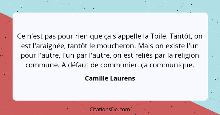 Ce n'est pas pour rien que ça s'appelle la Toile. Tantôt, on est l'araignée, tantôt le moucheron. Mais on existe l'un pour l'autre,... - Camille Laurens