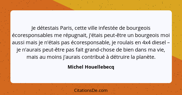 Je détestais Paris, cette ville infestée de bourgeois écoresponsables me répugnait, j'étais peut-être un bourgeois moi aussi mais... - Michel Houellebecq