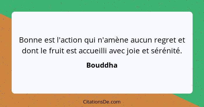 Bonne est l'action qui n'amène aucun regret et dont le fruit est accueilli avec joie et sérénité.... - Bouddha