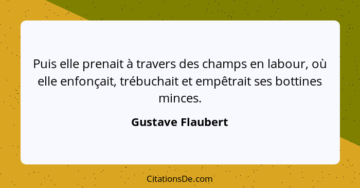 Puis elle prenait à travers des champs en labour, où elle enfonçait, trébuchait et empêtrait ses bottines minces.... - Gustave Flaubert