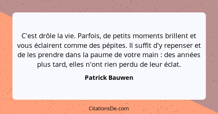 C'est drôle la vie. Parfois, de petits moments brillent et vous éclairent comme des pépites. Il suffit d'y repenser et de les prendre... - Patrick Bauwen