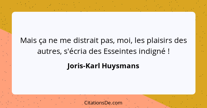 Mais ça ne me distrait pas, moi, les plaisirs des autres, s'écria des Esseintes indigné !... - Joris-Karl Huysmans