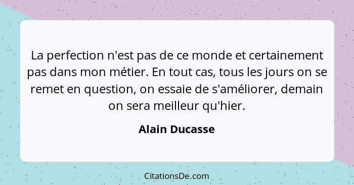 La perfection n'est pas de ce monde et certainement pas dans mon métier. En tout cas, tous les jours on se remet en question, on essai... - Alain Ducasse