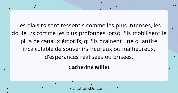 Les plaisirs sont ressentis comme les plus intenses, les douleurs comme les plus profondes lorsqu'ils mobilisent le plus de canaux... - Catherine Millet