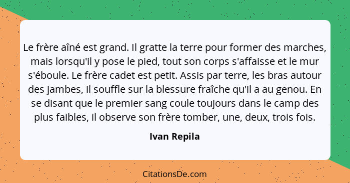 Le frère aîné est grand. Il gratte la terre pour former des marches, mais lorsqu'il y pose le pied, tout son corps s'affaisse et le mur... - Ivan Repila