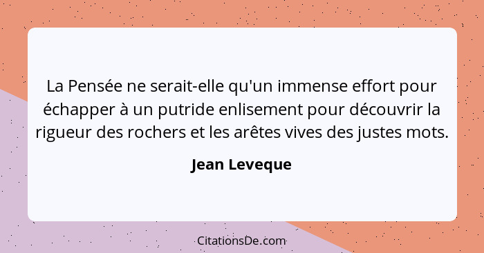 La Pensée ne serait-elle qu'un immense effort pour échapper à un putride enlisement pour découvrir la rigueur des rochers et les arêtes... - Jean Leveque