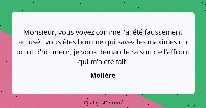 Monsieur, vous voyez comme j'ai été faussement accusé : vous êtes homme qui savez les maximes du point d'honneur, je vous demande raiso... - Molière