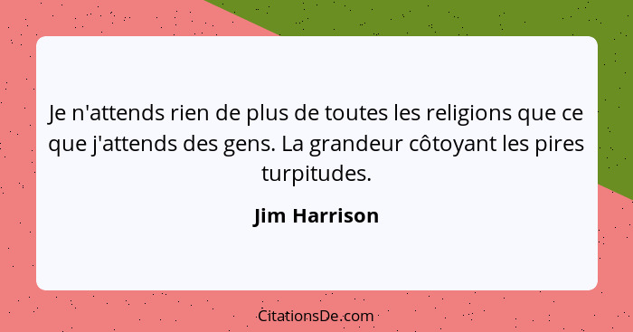 Je n'attends rien de plus de toutes les religions que ce que j'attends des gens. La grandeur côtoyant les pires turpitudes.... - Jim Harrison