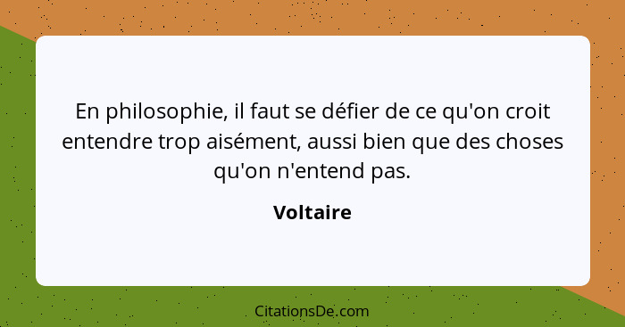 En philosophie, il faut se défier de ce qu'on croit entendre trop aisément, aussi bien que des choses qu'on n'entend pas.... - Voltaire