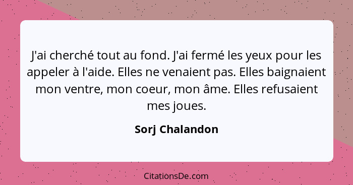 J'ai cherché tout au fond. J'ai fermé les yeux pour les appeler à l'aide. Elles ne venaient pas. Elles baignaient mon ventre, mon coe... - Sorj Chalandon