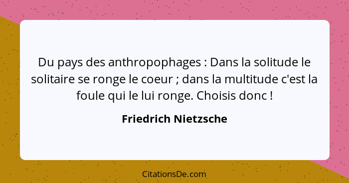 Du pays des anthropophages : Dans la solitude le solitaire se ronge le coeur ; dans la multitude c'est la foule qui le... - Friedrich Nietzsche