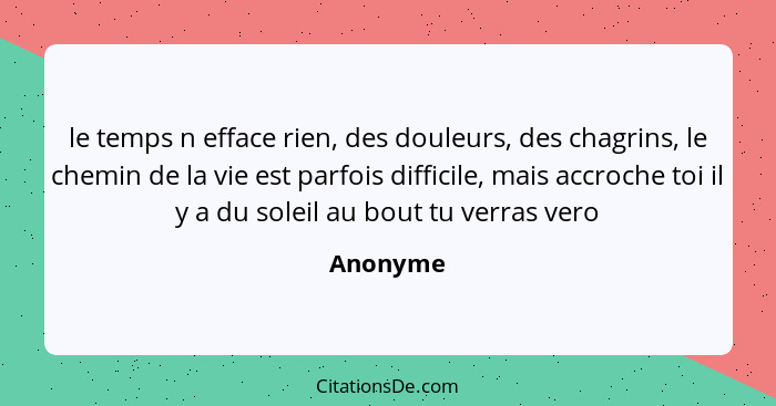 le temps n efface rien, des douleurs, des chagrins, le chemin de la vie est parfois difficile, mais accroche toi il y a du soleil au bout tu... - Anonyme