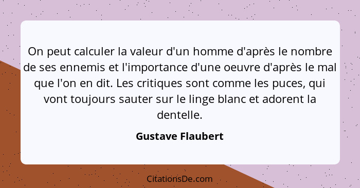 On peut calculer la valeur d'un homme d'après le nombre de ses ennemis et l'importance d'une oeuvre d'après le mal que l'on en dit.... - Gustave Flaubert