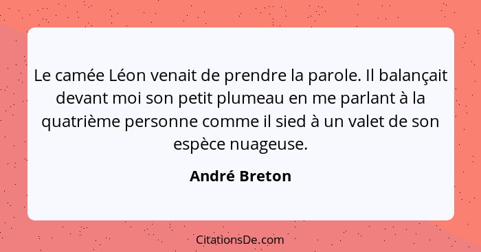 Le camée Léon venait de prendre la parole. Il balançait devant moi son petit plumeau en me parlant à la quatrième personne comme il sie... - André Breton