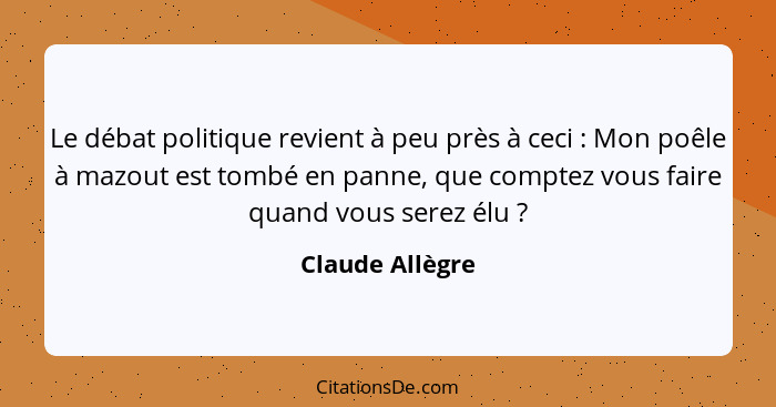 Le débat politique revient à peu près à ceci : Mon poêle à mazout est tombé en panne, que comptez vous faire quand vous serez él... - Claude Allègre