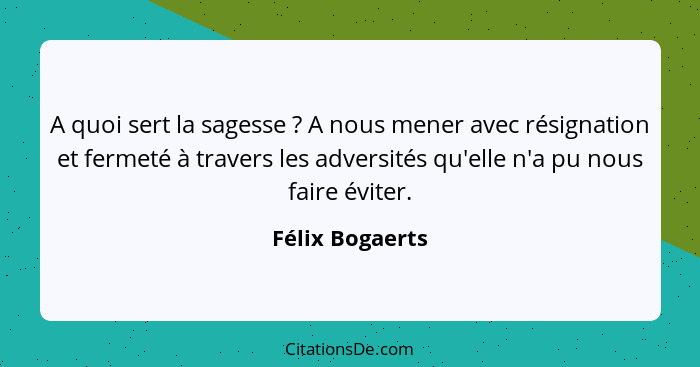 A quoi sert la sagesse ? A nous mener avec résignation et fermeté à travers les adversités qu'elle n'a pu nous faire éviter.... - Félix Bogaerts