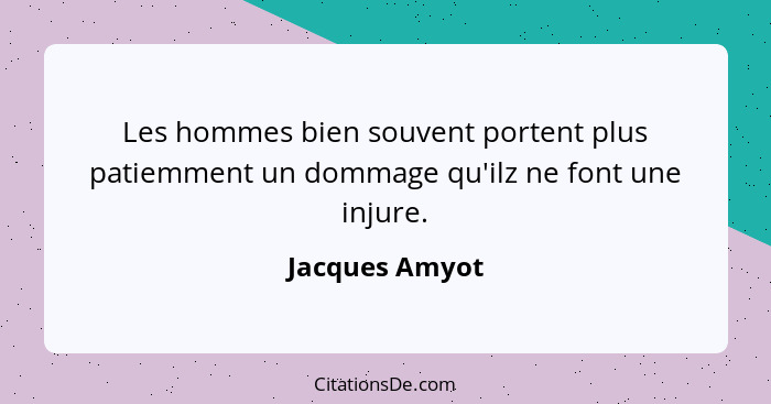 Les hommes bien souvent portent plus patiemment un dommage qu'ilz ne font une injure.... - Jacques Amyot