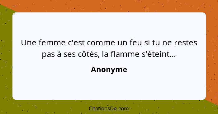 Une femme c'est comme un feu si tu ne restes pas à ses côtés, la flamme s'éteint...... - Anonyme