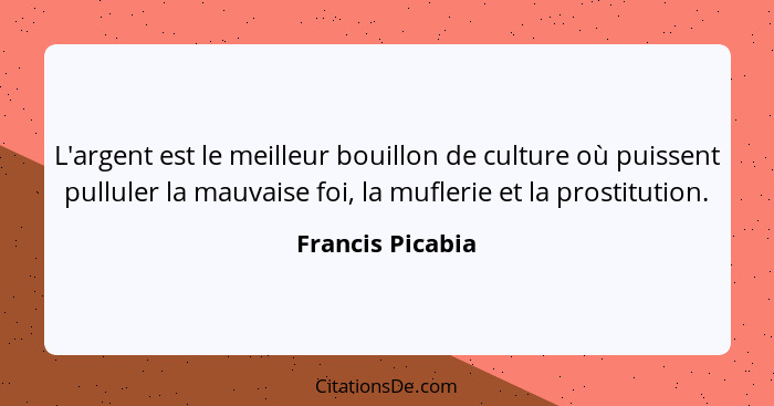L'argent est le meilleur bouillon de culture où puissent pulluler la mauvaise foi, la muflerie et la prostitution.... - Francis Picabia