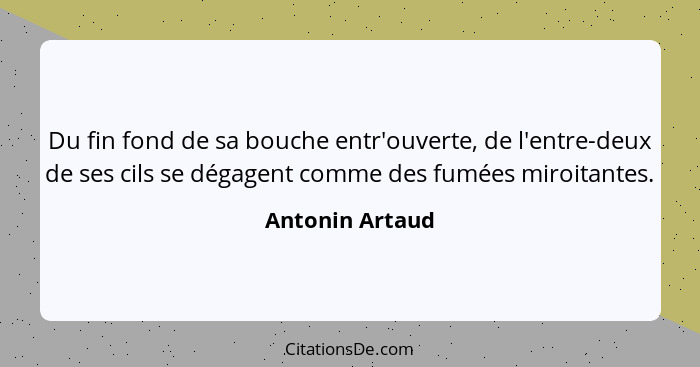 Du fin fond de sa bouche entr'ouverte, de l'entre-deux de ses cils se dégagent comme des fumées miroitantes.... - Antonin Artaud