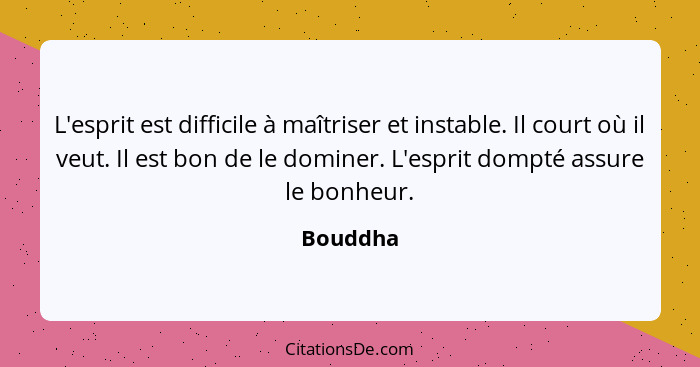 L'esprit est difficile à maîtriser et instable. Il court où il veut. Il est bon de le dominer. L'esprit dompté assure le bonheur.... - Bouddha