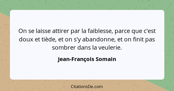 On se laisse attirer par la faiblesse, parce que c'est doux et tiède, et on s'y abandonne, et on finit pas sombrer dans la veul... - Jean-François Somain