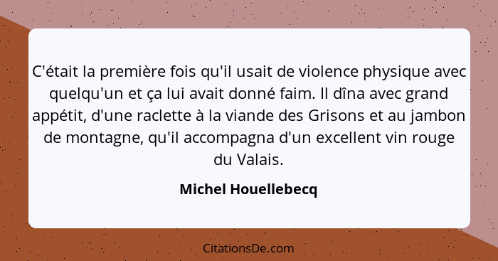 C'était la première fois qu'il usait de violence physique avec quelqu'un et ça lui avait donné faim. Il dîna avec grand appétit,... - Michel Houellebecq