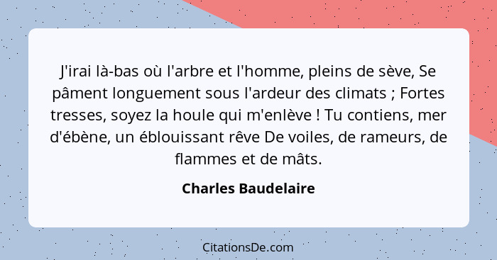 J'irai là-bas où l'arbre et l'homme, pleins de sève, Se pâment longuement sous l'ardeur des climats ; Fortes tresses, soyez... - Charles Baudelaire