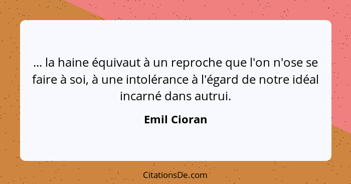 ... la haine équivaut à un reproche que l'on n'ose se faire à soi, à une intolérance à l'égard de notre idéal incarné dans autrui.... - Emil Cioran