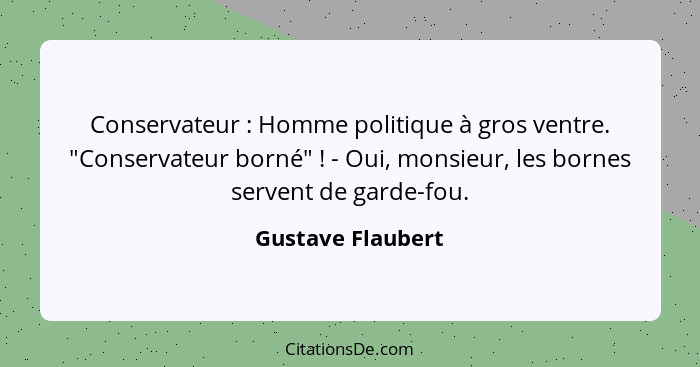 Conservateur : Homme politique à gros ventre. "Conservateur borné" ! - Oui, monsieur, les bornes servent de garde-fou.... - Gustave Flaubert